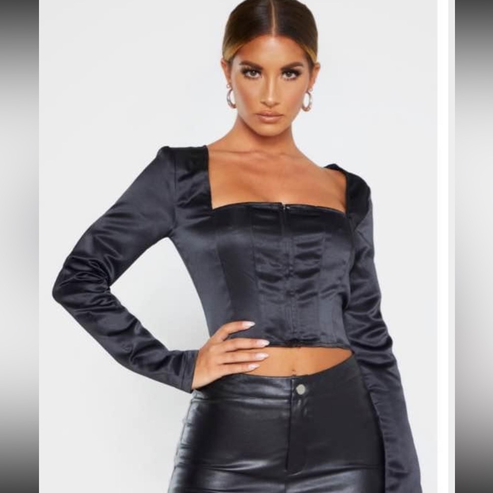 PRETTY LITTLE THING Black Satin Square Neck Long Sleeve Corset Top size USA 8